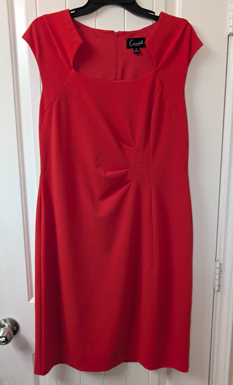 Connected Apparel Red Solid Pleated Sheath Dress Square Neck Knee Size 14